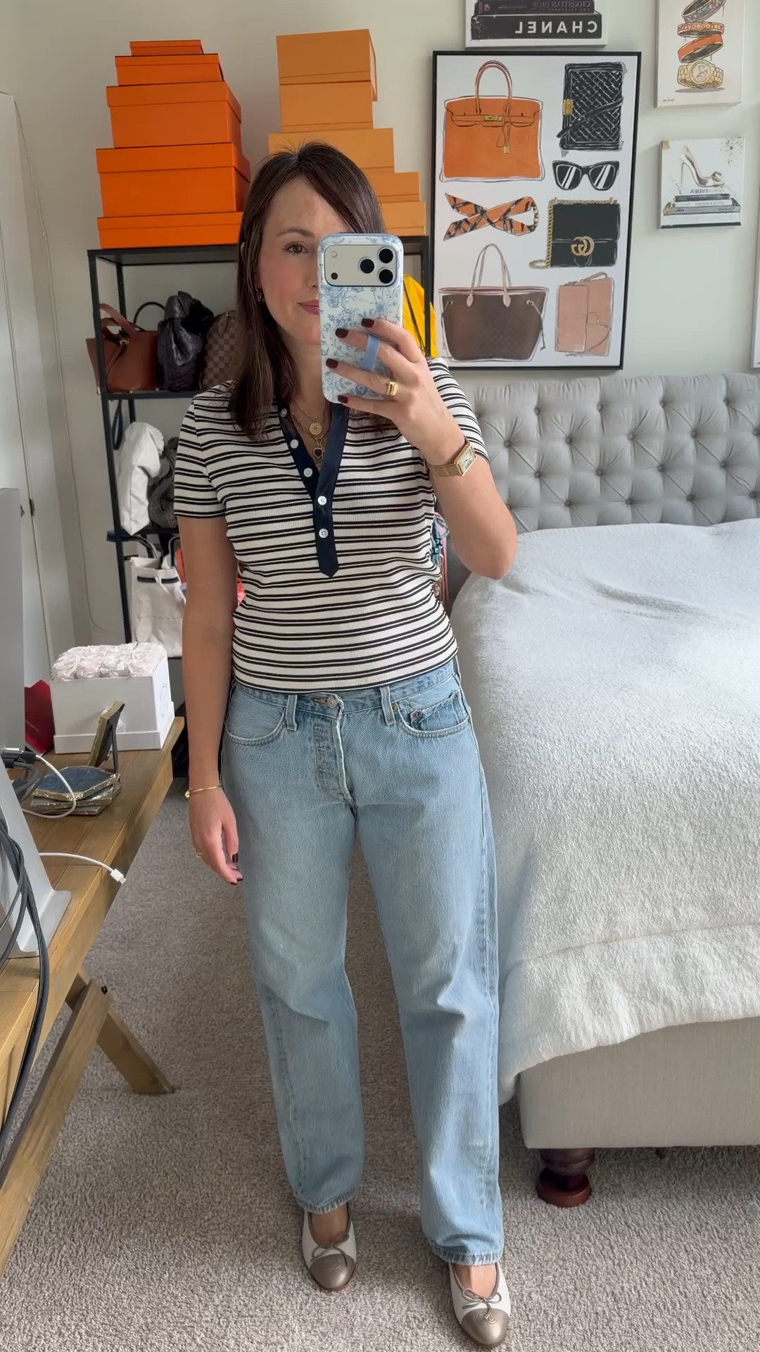 @Veronica Beard polo with vintage Levi’s! I found the best hack for sourcing vintage Levi’s. This seller I found on Etsy takes all your measurements and makes you the perfect pair and I couldn’t be happier!