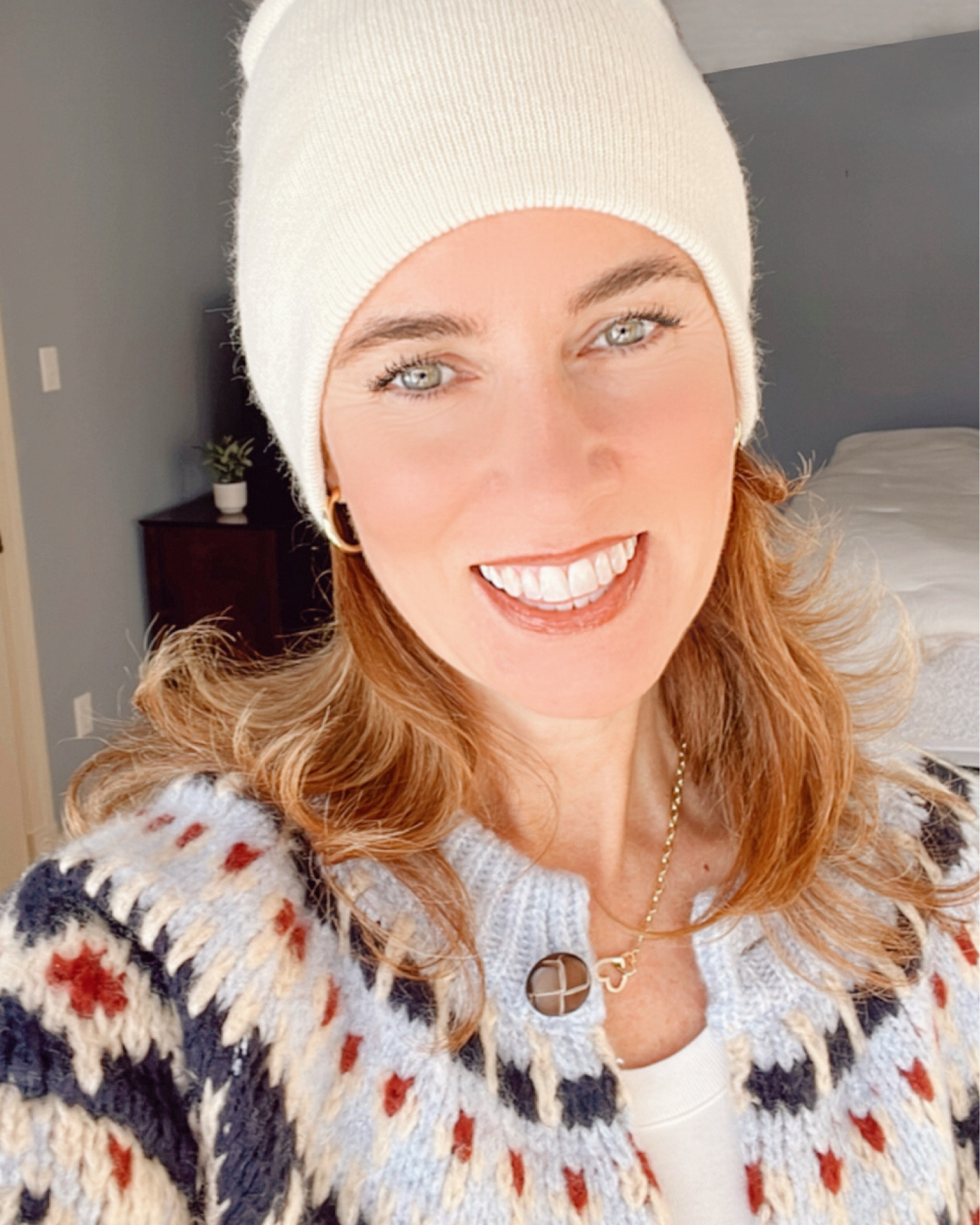 Winter Outfit with cozy Beverly Fairisle Knit Cardigan in light blue and off white with best layering long sleeve fitted tee from LOFT and Gorjana gold heart chain necklace (perfect Valentine's Day gift idea). #wintersweater #fairisleCardigan #over50style #over40style #loft #gorjana #ootd #sweateroftheday

#LTKOver40 #LTKFindsUnder50 #LTKSaleAlert