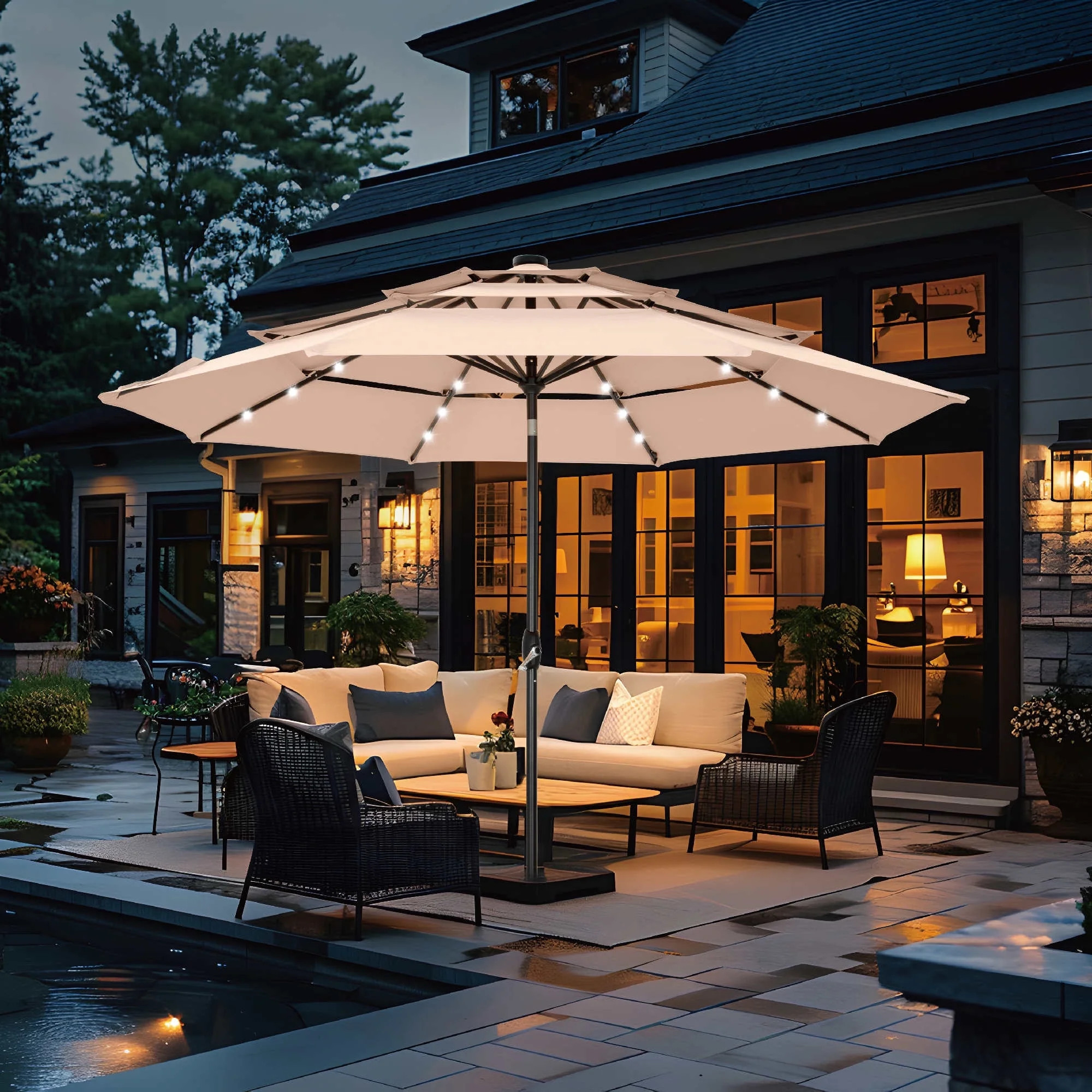 Summit Living 10ft Patio Umbrella with Solar Lights 3-Tier Vented Outdoor Market Umbrella with Au... | Walmart (US)