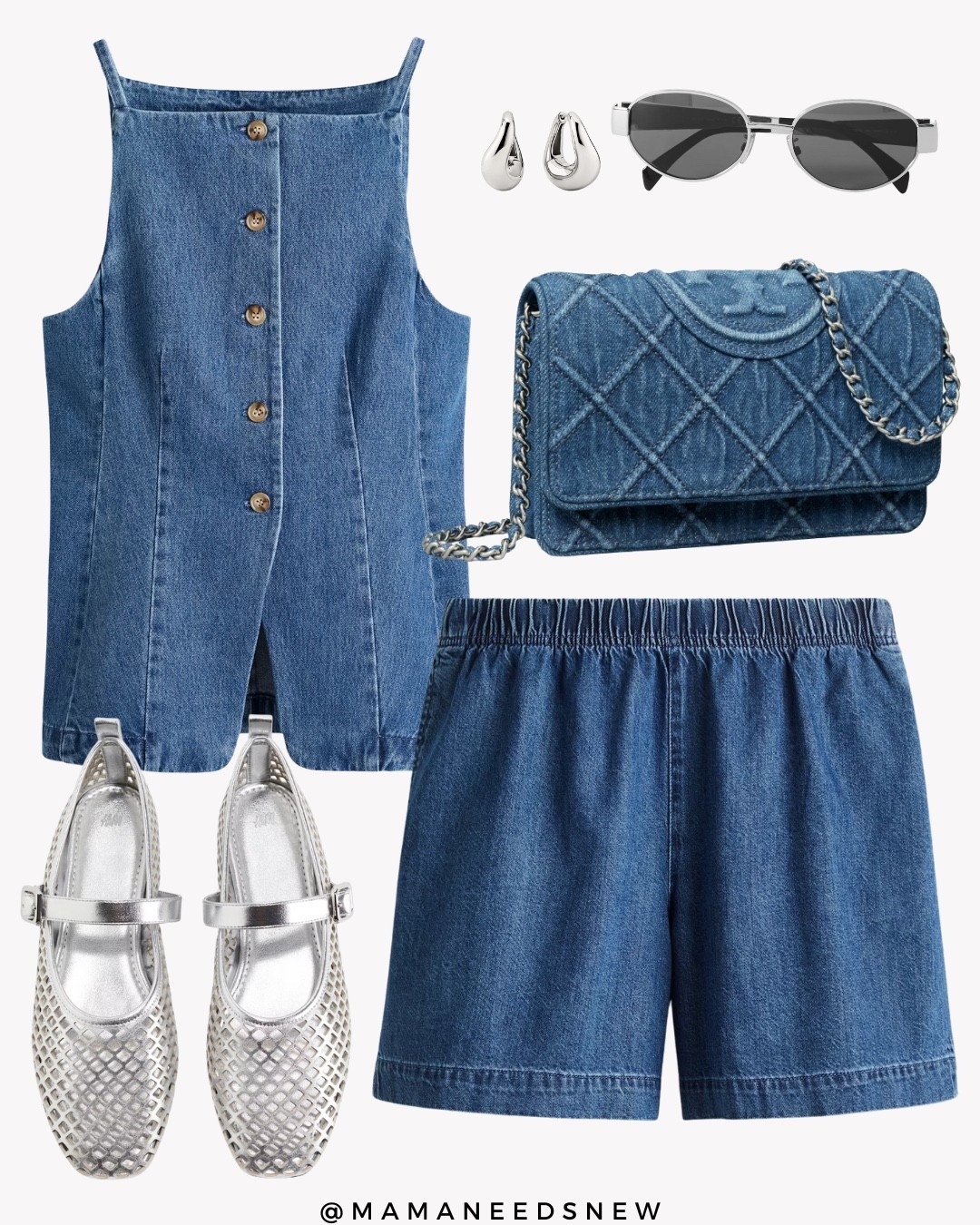 A summer outfit with a denim matching coord set with shorts and vest top, denim bag & silver mesh Maryjane flats 💙

#LTKStyleTip #LTKSaleAlert #LTKItBag