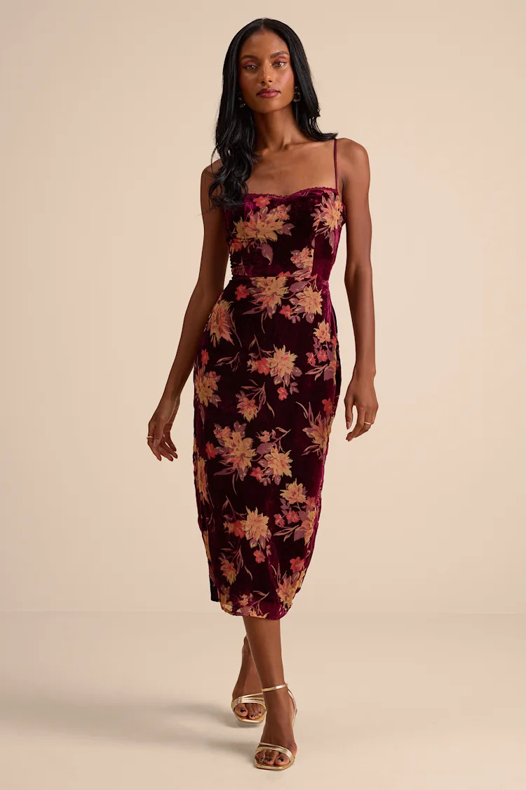 Erisa Burgundy Velvet Floral Burnout Midi Dress | Lulus