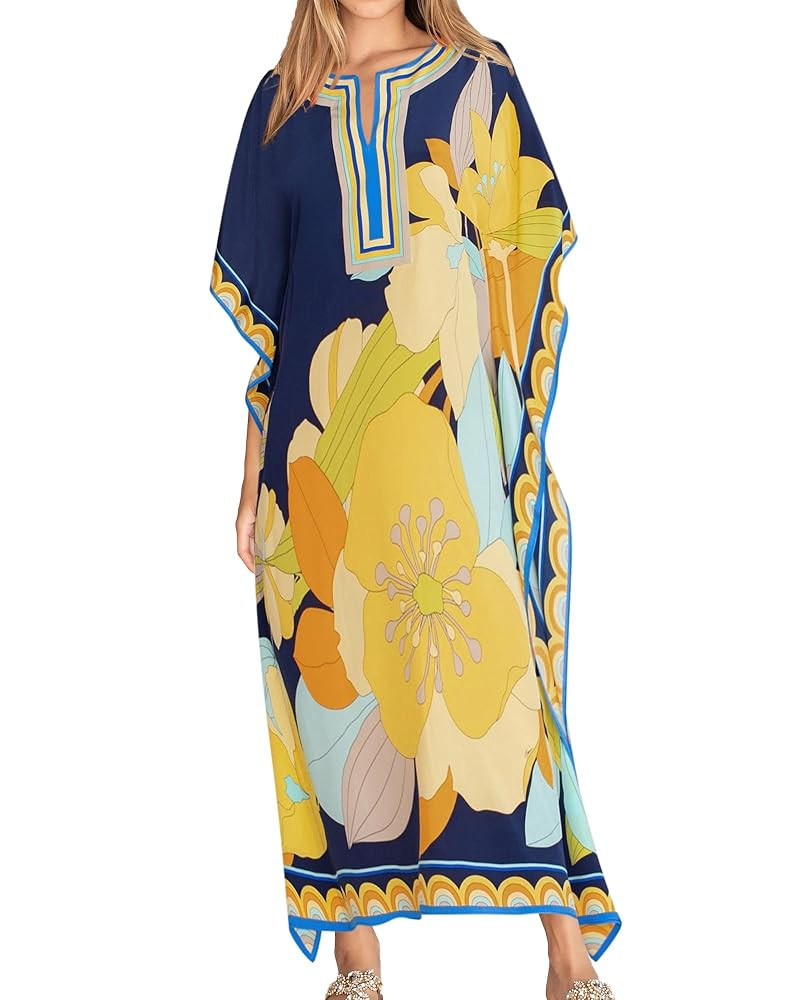 Eddoyee Women Long Print Swimwear Cover Up Sexy V Neck Side Split Beach Caftans Lounge Dresses | Amazon (US)