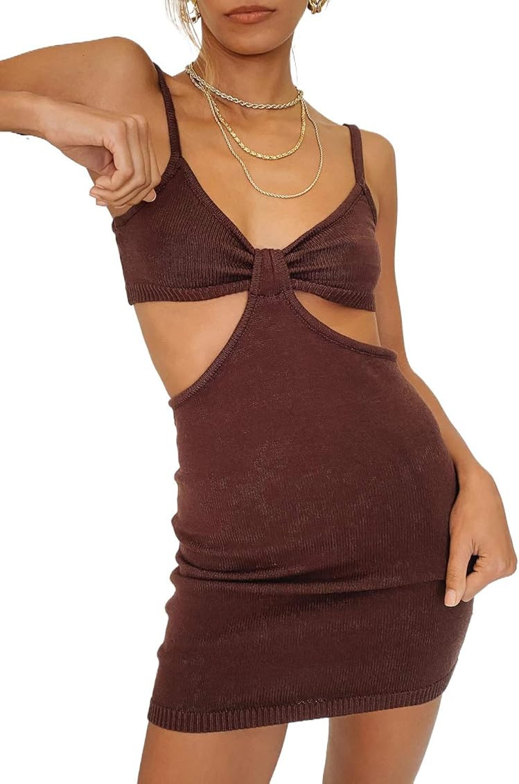 SOLILOQUY Sexy Knitted Cut Out Dress Bodycon Halter Neck Maxi Dress Club Party Beach Strap Long Dres | Amazon (US)