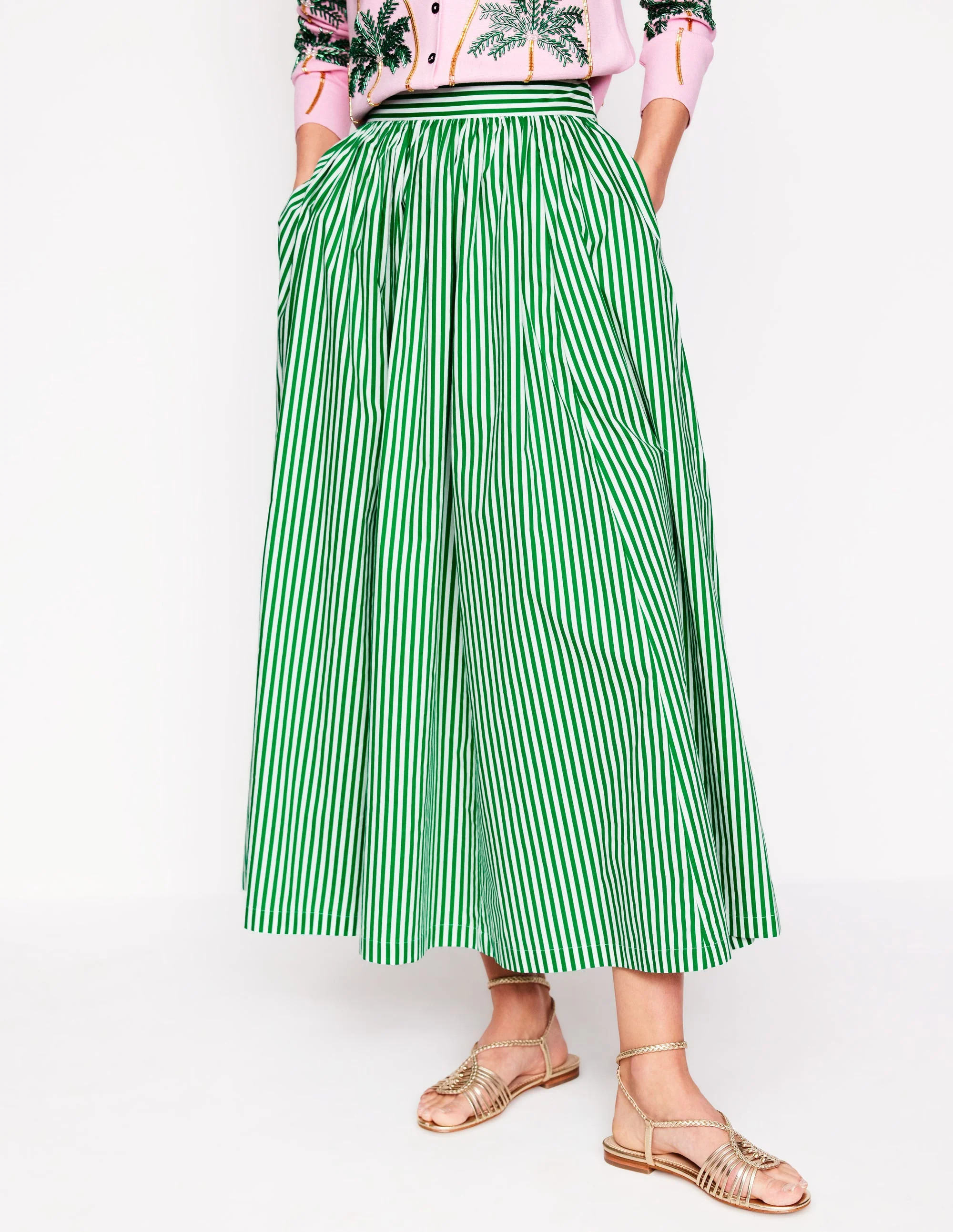 Full Poplin Maxi Skirt-Rich Emerald, Fine Stripe | Boden (US)