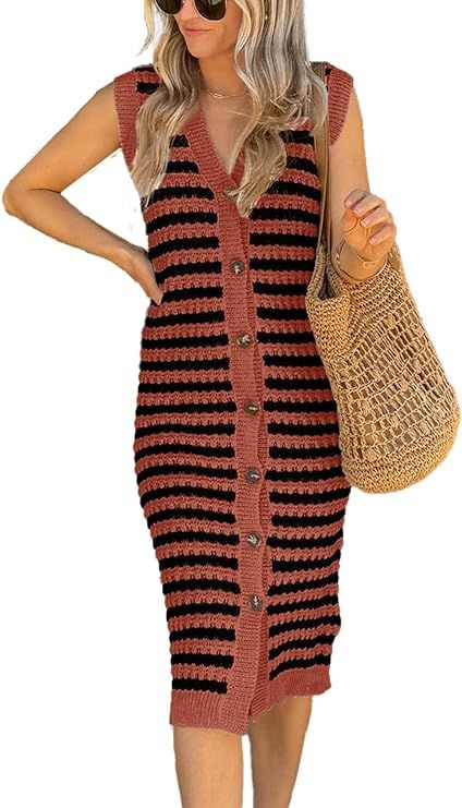 BLENCOT Women's V Neck Striped Sweater Tank Dress Causal Sleeveless Button Cardigan Midi Cover Up... | Amazon (US)