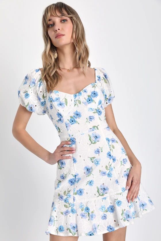 Darling Whimsy White Floral Eyelet Puff Sleeve Mini Dress | Lulus (US)
