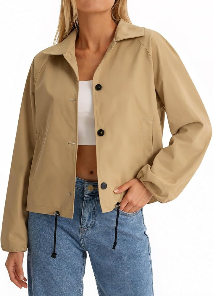 Yousify Womens Cropped Bomber Jackets Button Down Lapel Collar Coats Adjustable Waist Trench Coat... | Amazon (US)
