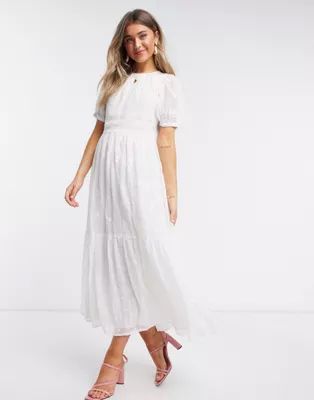 ASOS DESIGN mixed embroidery tiered maxi dress with open back in white | ASOS (Global)
