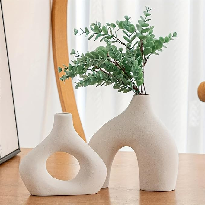 2pcs/set White Ceramic Vase For Modern Home Decor, Round Matte Donut Vases For Pampas Grass | Amazon (US)