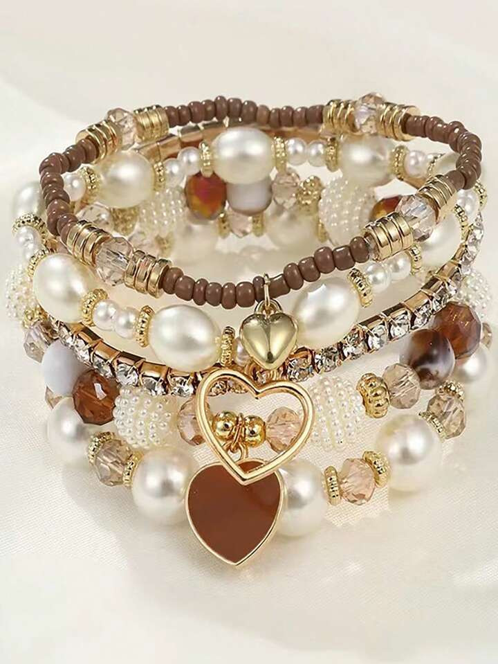 5pcs Pearl & Crystal Beaded Bracelets, Fashion Multilayer Wrist Bracelet Set For Women | SHEIN