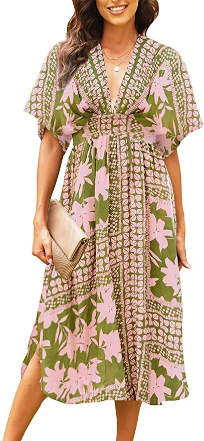 Meenew Women's Casual Loose Long Summer Dress V Neck High Slit Flowy Boho Dress | Amazon (US)