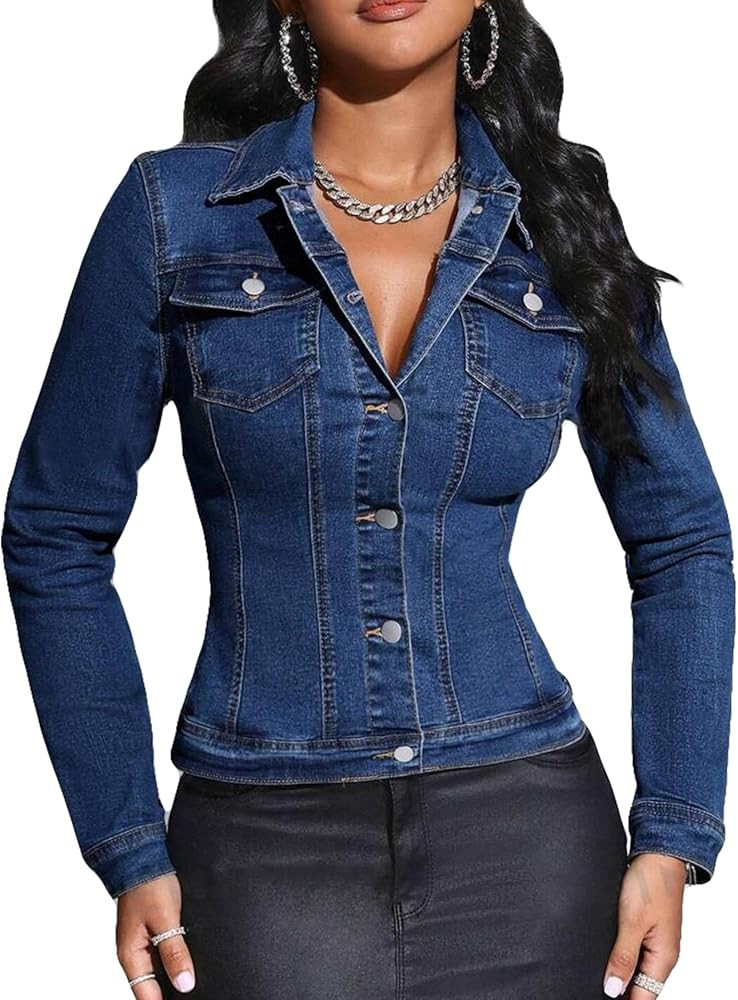 Women Cropped Denim Jacket Lapel Button Down Long Sleeve Slim Fitted Stretchy Short Jean Jacket w... | Amazon (US)