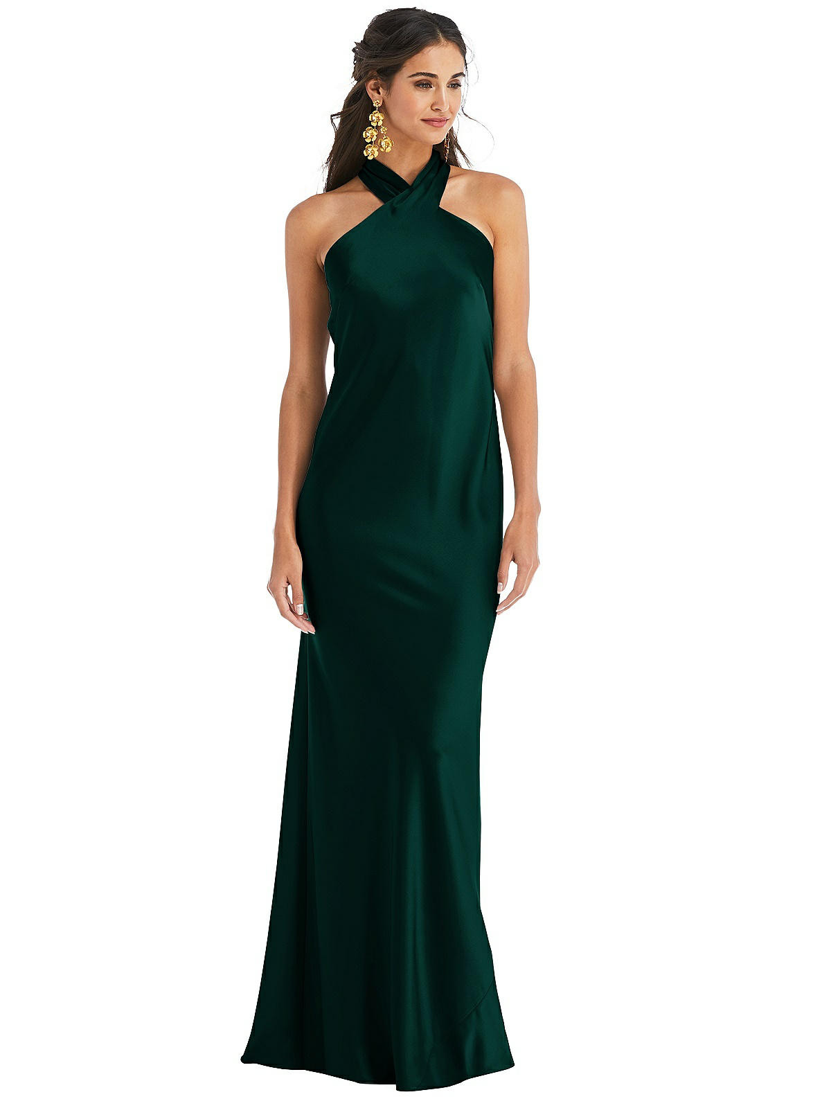 Draped Twist Halter Tie-Back Trumpet Gown in Evergreen | The Dessy Group