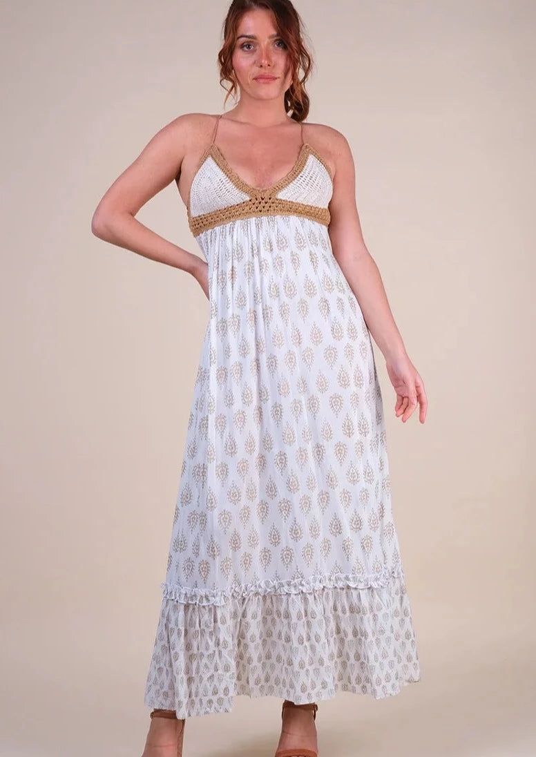 Charm Crochet Bust Maxi Dress in White | outdazl