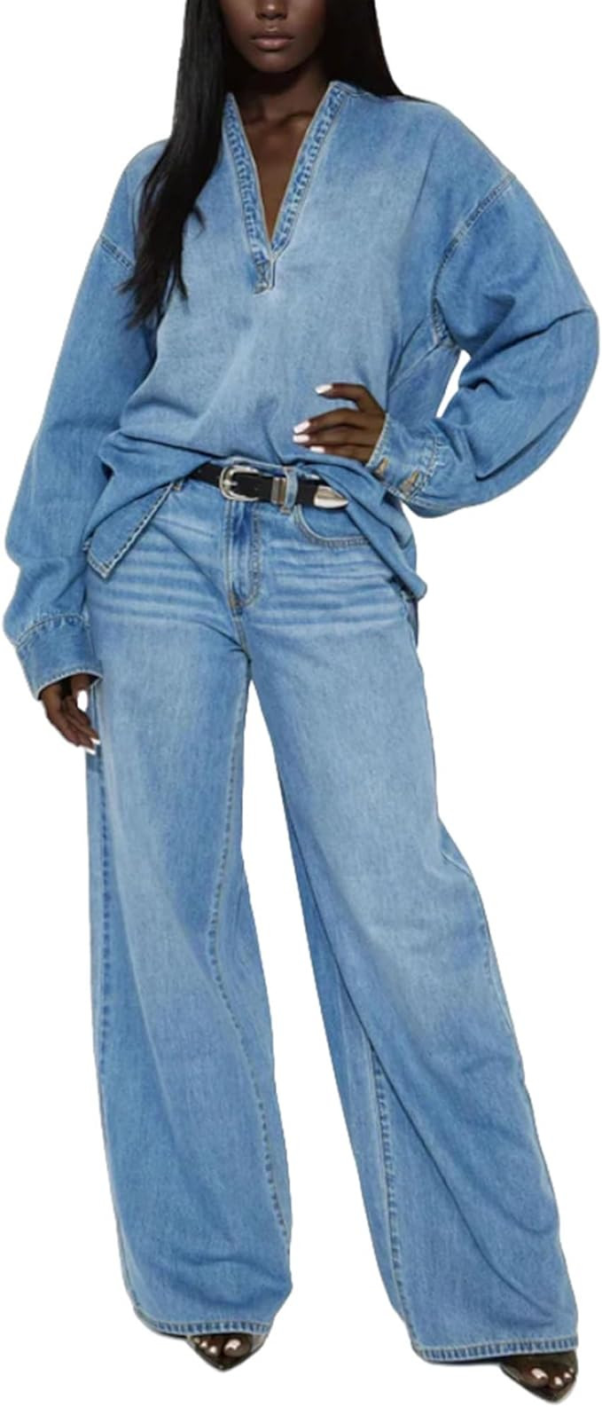 VOIKERDR Denim Set for Women 2 Piece Outfits Long Sleeve Top and Wide Leg Jean Y2K Clothes Street... | Amazon (US)