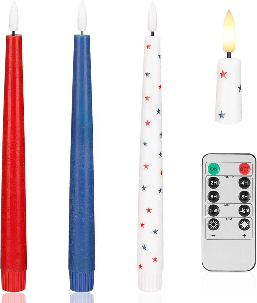 Red White and Blue Star Candles, Flameless Taper Candles with 3D Wick, Real Wax 4th of July Flame... | Amazon (US)