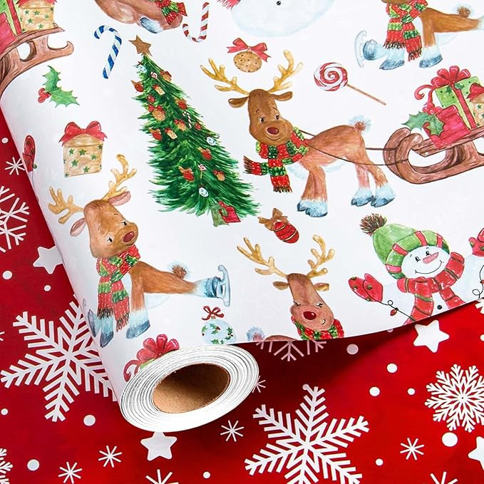 Burymento Christmas Wrapping Paper, Reversible Reindeer, Snowman, Christmas Tree Design Gift Wrap... | Amazon (US)
