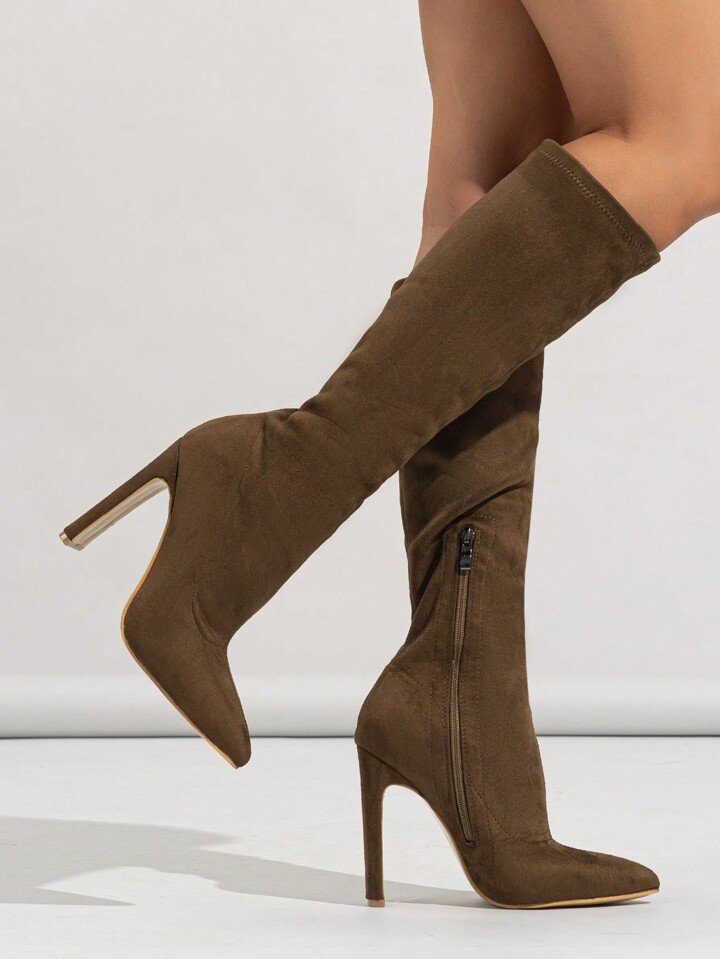 Women's Pointed Toe Elastic Velvet Warm Side Zipper Stiletto Knee High Fashion Boots For Autumn &... | SHEIN