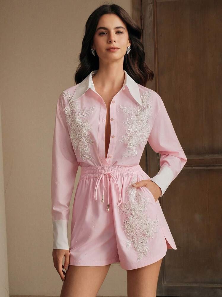 Anewsta Women Floral Embroidered Drawstring Waist Angled Pocket Shorts, Summer | SHEIN