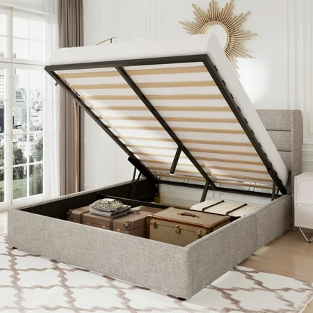 Allewie Queen Size Lift up Hydraulic Platform Storage Bed Frame with Fabric Channel Wingback Headboard, Light Beige | Walmart (US)