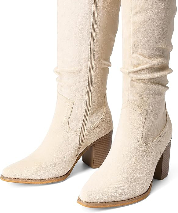 DREAM PAIRS Women's Knee-High Boots, Comfortable Chunky Block Heel Pointed Toe Pull On Side Zippe... | Amazon (US)