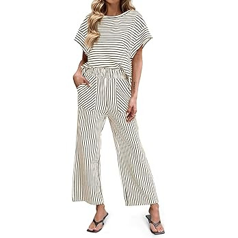 Tankaneo Womens Striped 2 Piece Sets Short Sleeve T Shirts Wide Leg Pants Matching Lounge Set wit... | Amazon (US)