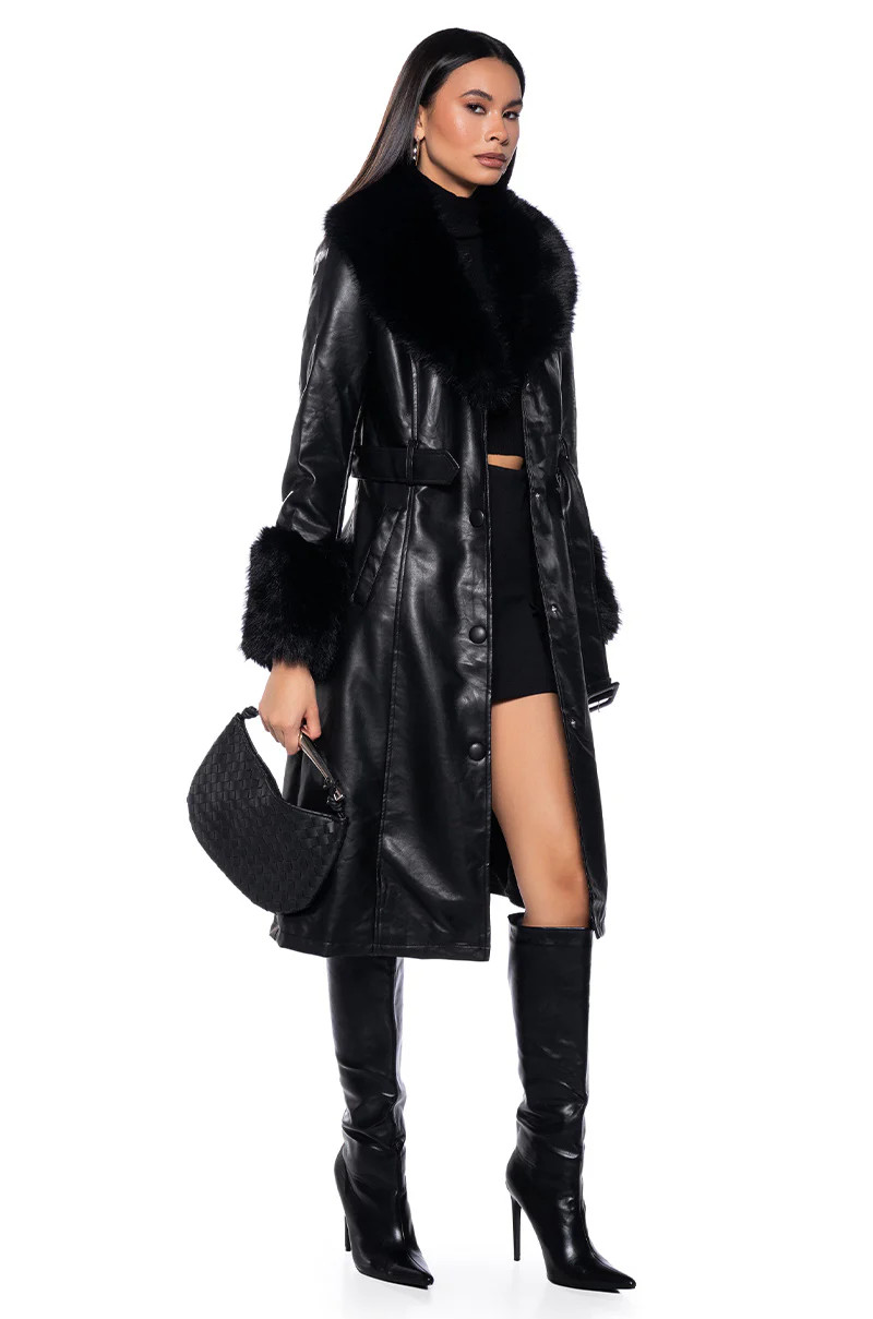 AZALEA WANG EASY RIDER PLEATHER ZIP UP FUR TRENCH IN BLACK | AKIRA