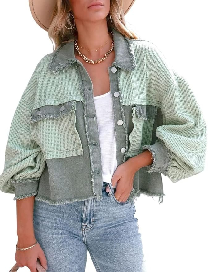 Women's Denim Spliced Waffle Knit Cropped Jacket Button Down Boyfriend Shirt Shacket Tops | Amazon (US)