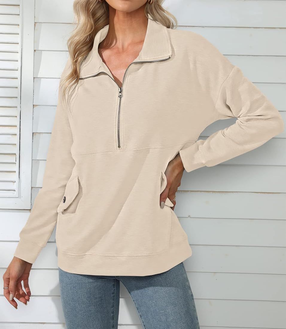 Women Long Sleeve Sweatshirt Half Zip Up Lapel Loose Fit Side Pockets Fall Tops Pullovers | Amazon (US)