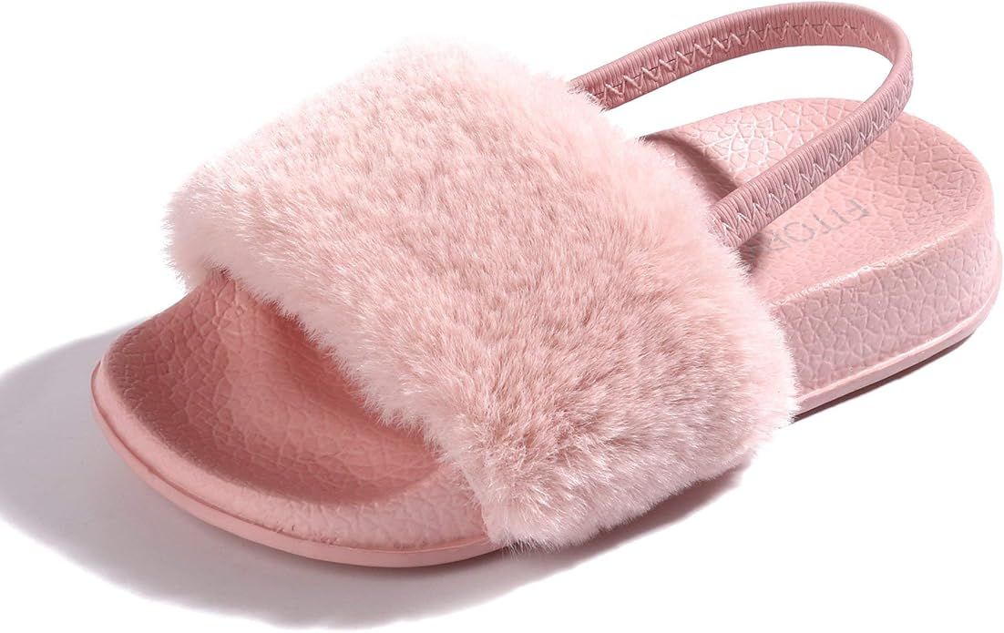 FITORY Girls Sandals Toddler, Faux Fur Slides with Elastic Back Strap Flats Shoes for Kids | Amazon (US)