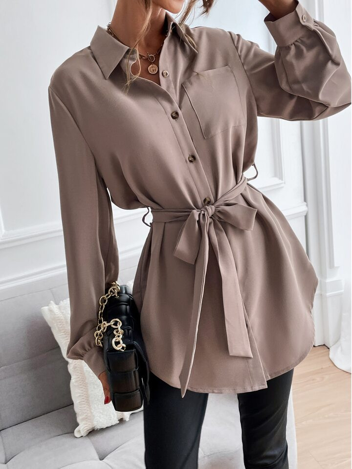 SHEIN Privé Solid Button Front Belted Shirt | SHEIN