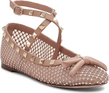 Valentino Garavani Rockstud Crystal Mesh Ankle Strap Ballet Flat (Women) | Nordstrom | Nordstrom