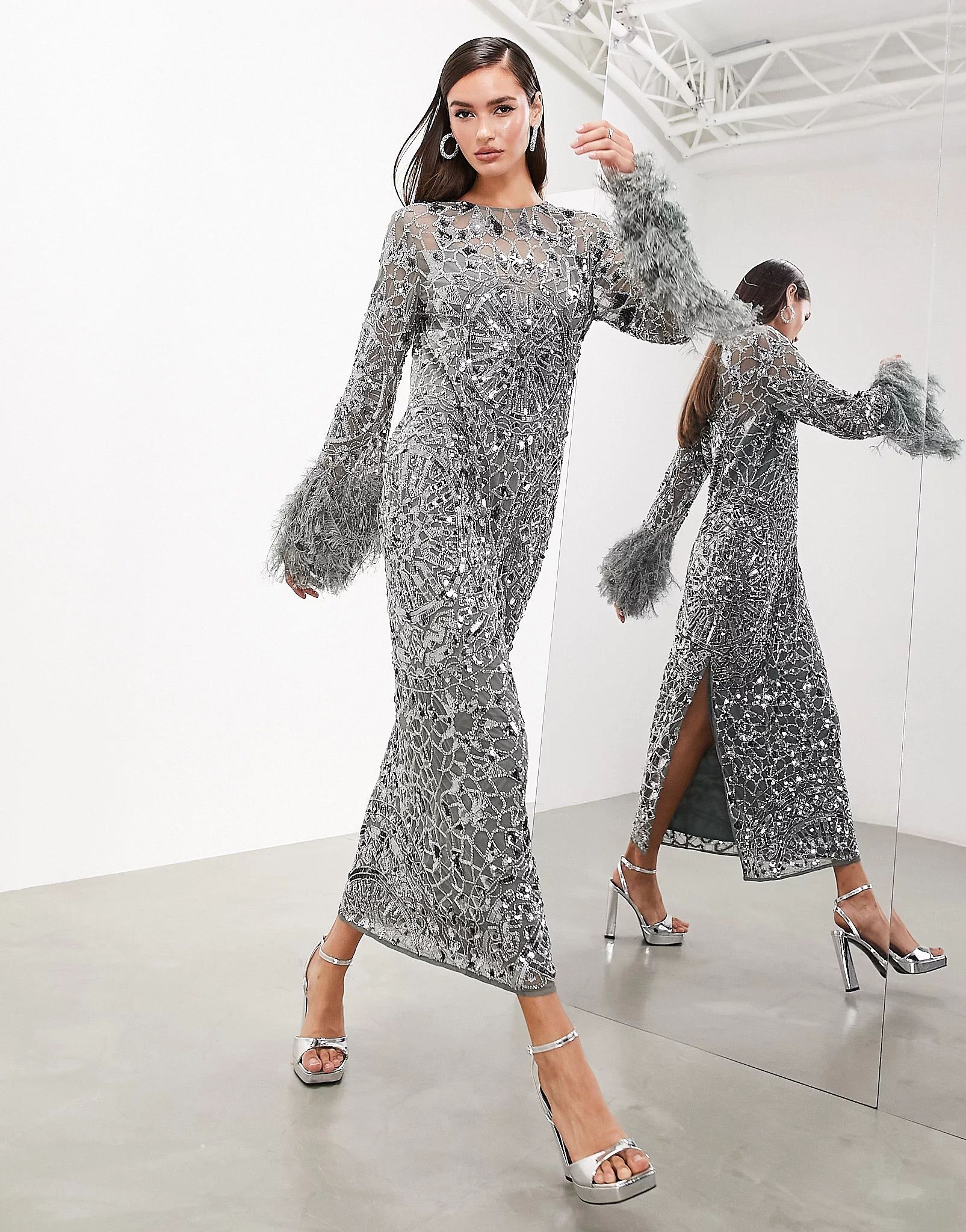 ASOS EDITION geo embellished long sleeve maxi dress with faux feather cuff in charcoal | ASOS | ASOS (Global)