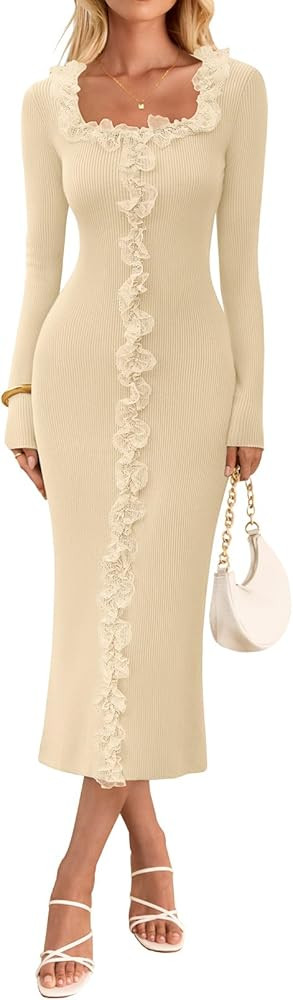 MEROKEETY Women's Fall Long Sleeve Sweater Dress 2025 Bodycon Square Neck Ruffle Ribbed Knit Midi... | Amazon (US)