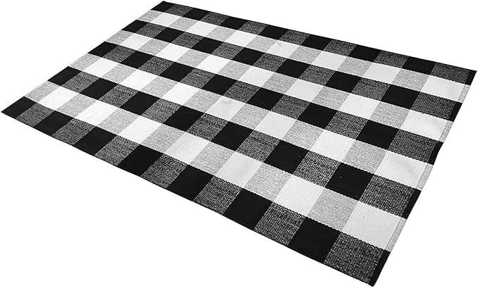 SEEKSEE 100% Cotton Plaid Rugs Black/White Checkered Plaid Rug Hand-Woven Buffalo Checkered Doorm... | Amazon (US)