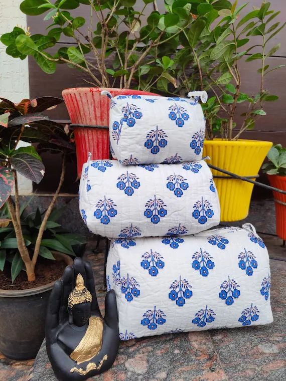 Set of 3 Pieces Indian Cotton Handmade Floral Hand Block Print Toiletry Bag Storage,Gadget Bag, Q... | Etsy (US)