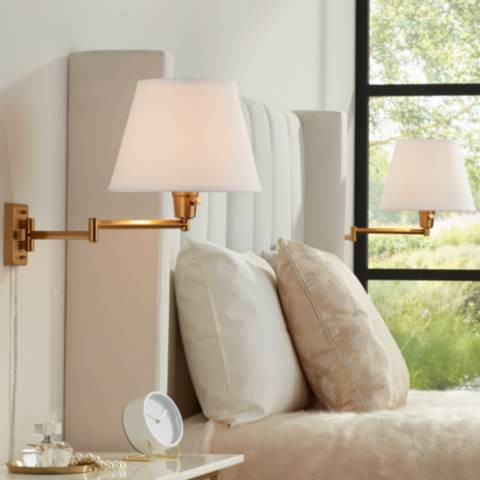 360 Lighting Valentine Warm Gold Swing Arm Plug-In Wall Lamps Set of 2 | Lamps Plus