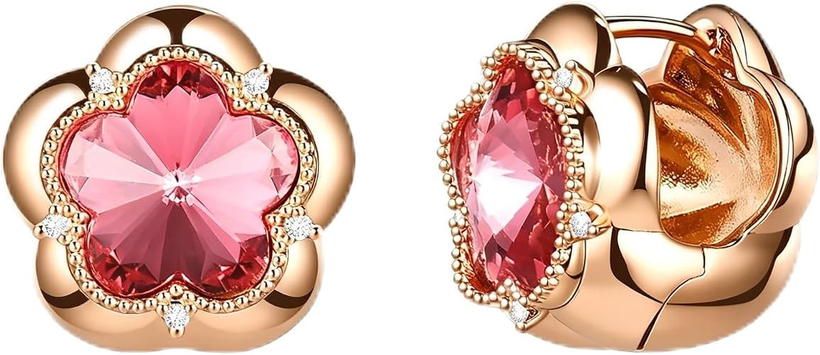 14K Rose Gold Plated Pink Crystal Flower Huggie Hoop Earrings for Women, Sparkling Floral Earring... | Amazon (US)