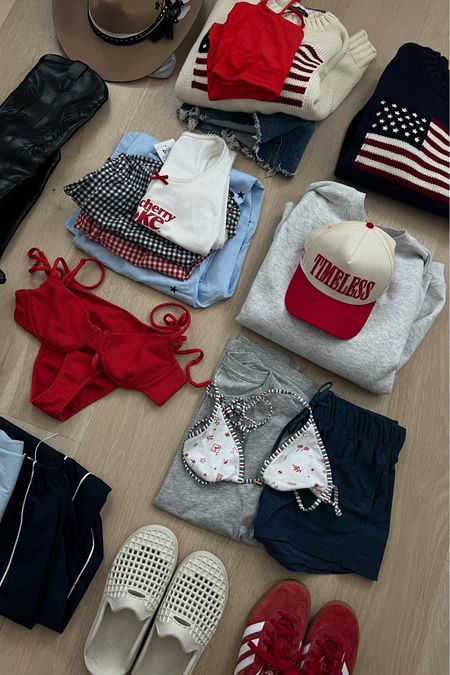 What I packed for our 4th of July trip to the cabin 🇺🇸

Red bikini, cabin outfit, lake outfit, vacation outfit, gingham boxers, gray sweatshirt, flag sweater, blue shorts, lounge shorts, white bikini, adidas, red adidas, lusso slides, Walmart finds, Amazon finds, Christine Andrew 

#LTKTravel #LTKSwim #LTKFindsUnder50