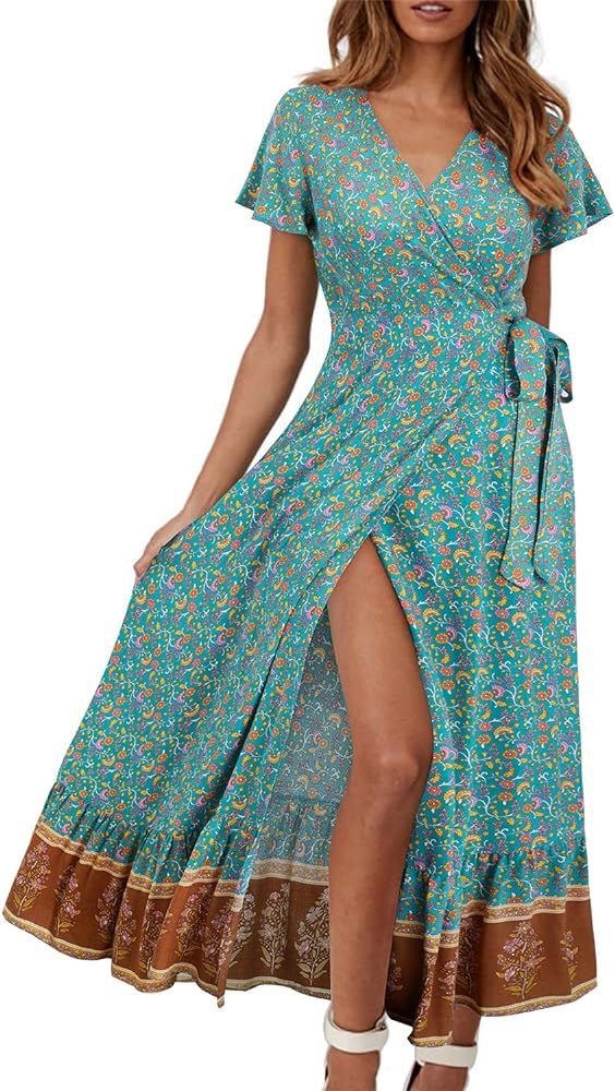 STYLEWORD Women's Bohemian V Neck Split Maxi Dress Short Sleeve Summer Dress Beach Party Floral Tie  | Amazon (US)