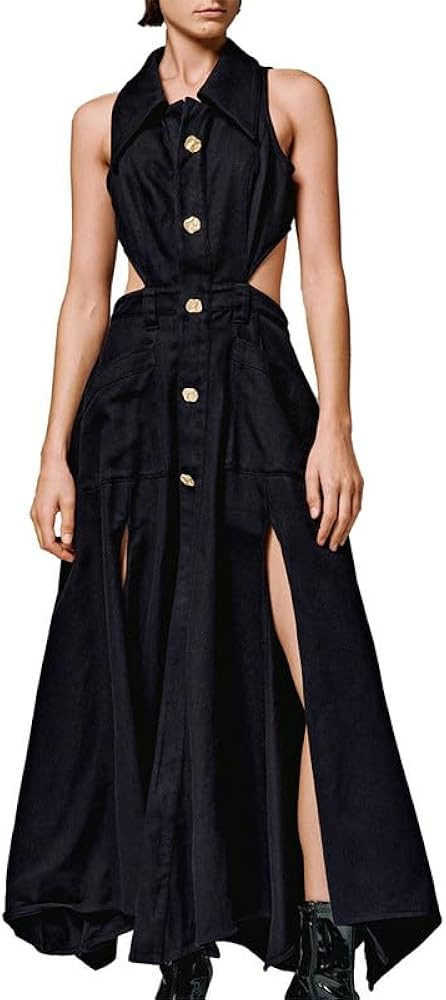 URBAN REVIVO Women's A-Line Maxi Dress Sleeveless with Oversized Shirt Collar | Amazon (US)