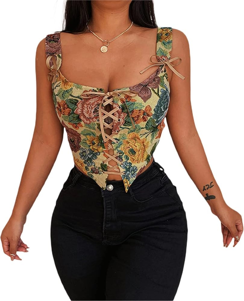 Bowanadacles Women Vintage Floral Camisole Flower Embroidery Pattern Tight Vest Drawstring Tie-up... | Amazon (US)