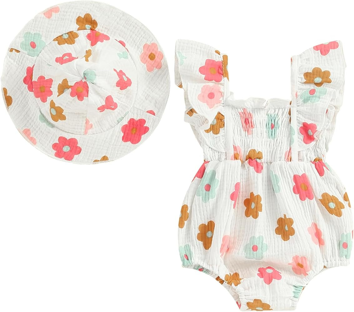 Rtnnsbbfcm Newborn Baby Girl Clothes Fly Sleeve Romper Floral Jumpsuit With Hat Infant Baby Girl ... | Amazon (US)