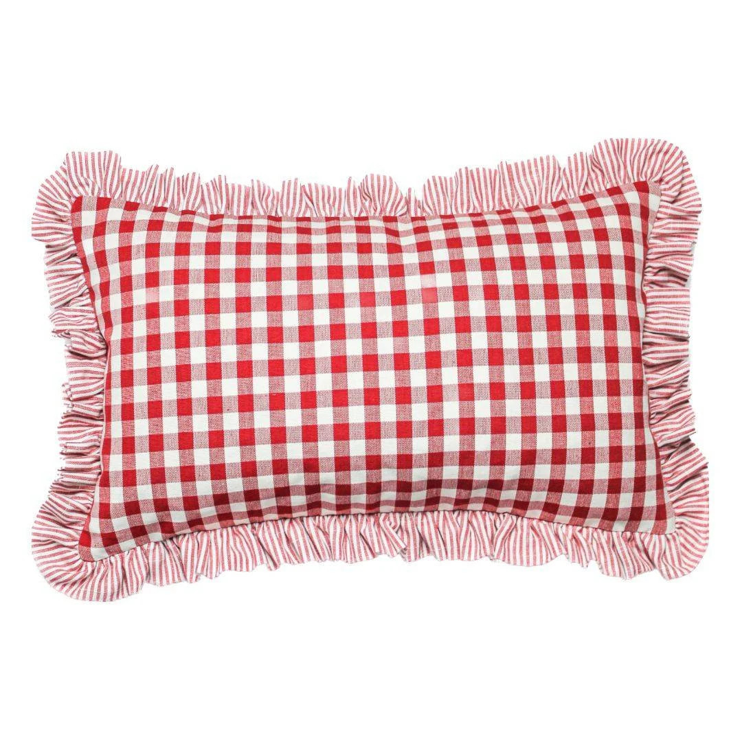 Red Gingham Cushion Cover With Red Ticking Stripe Ruffle Handmade Lumbar as Seen in Country Livin... | Etsy (US)