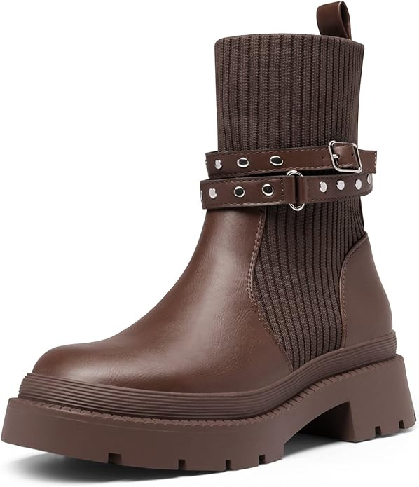 DREAM PAIRS Women's Ankle Boots Lug Sole Chunky Heel Platform Chelsea Booties Elastic Gore Mid Ca... | Amazon (US)