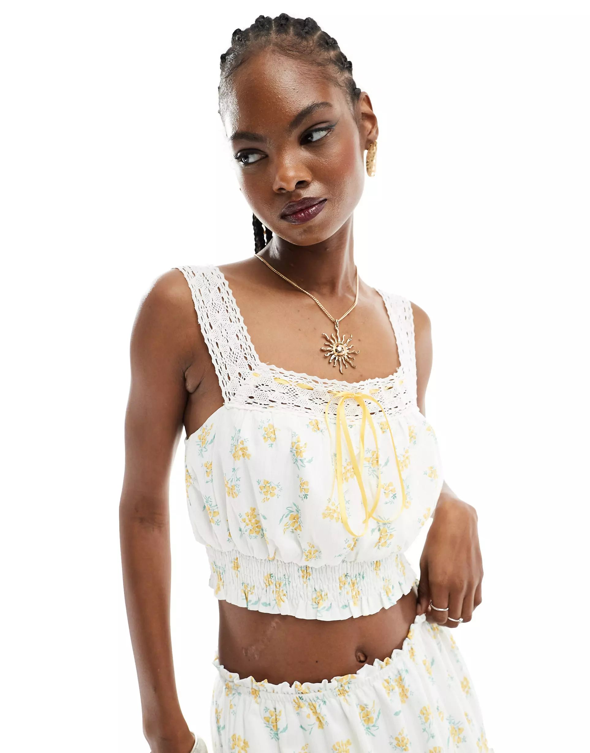 Kiss The Sky yellow floral crop top with lace detail co-ord | ASOS (Global)