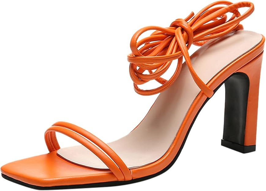 Womens Strappy High Heel Sandals Trendy Casual Square Toe Open Toe Cross Straps Lace Up Square He... | Amazon (US)