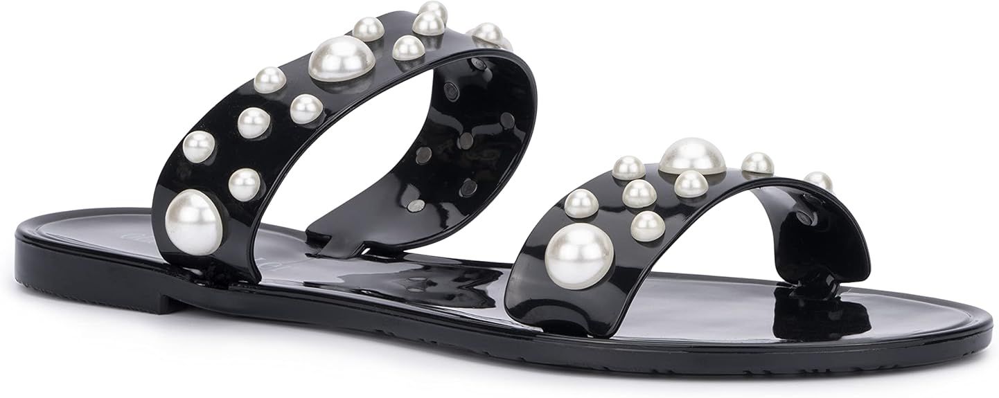 Olivia Miller Women’s Fashion Ladies Shoes, PVC Jelly w Pearls Double Strap Dual Band Slip On O... | Amazon (US)