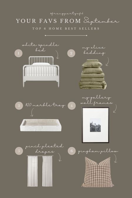 Favorited and best sellers from the month of September! White spindle bed, olive linens, marble tray (on sale!), gallery wall frames, pinch pleated drapes, curtains, and gingham  pillow (perfect for fall!)

#LTKhome #LTKsalealert #LTKfindsunder50