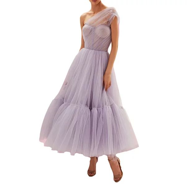 wybzd Women's Romantic One Shoulder Tulle Long Dress Wedding Guest Cocktail Party Bridesmaid Tull... | Walmart (US)